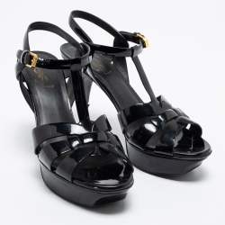 Pre Owned صندل سان لوران تربيوت جلد أسود لامع مقاس 39