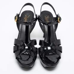 Pre Owned صندل سان لوران تربيوت جلد أسود لامع مقاس 39