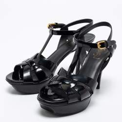 Pre Owned صندل سان لوران تربيوت جلد أسود لامع مقاس 39