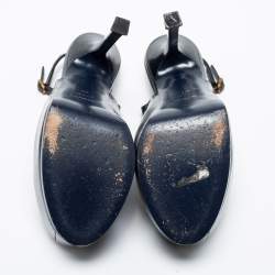 Pre Owned Saint Laurent Dark Blue Textured Patent Leather Tribtoo Slingback Pumps Size 37