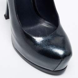 Pre Owned Saint Laurent Dark Blue Textured Patent Leather Tribtoo Slingback Pumps Size 37