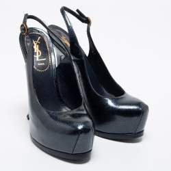 Pre Owned Saint Laurent Dark Blue Textured Patent Leather Tribtoo Slingback Pumps Size 37