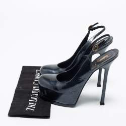 Pre Owned Saint Laurent Dark Blue Textured Patent Leather Tribtoo Slingback Pumps Size 37