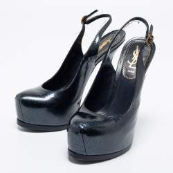 Pre Owned Saint Laurent Dark Blue Textured Patent Leather Tribtoo Slingback Pumps Size 37