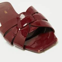 Pre Owned Saint Laurent Burgundy Patent Leather Tribute Flat Slides Size 38.5