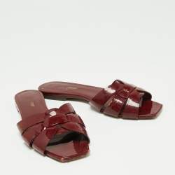 Pre Owned Saint Laurent Burgundy Patent Leather Tribute Flat Slides Size 38.5