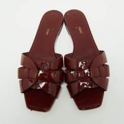 Pre Owned Saint Laurent Burgundy Patent Leather Tribute Flat Slides Size 38.5