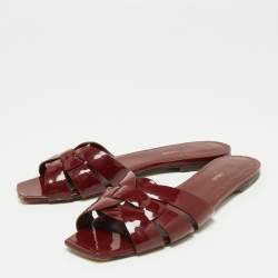 Pre Owned Saint Laurent Burgundy Patent Leather Tribute Flat Slides Size 38.5