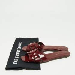 Pre Owned Saint Laurent Burgundy Patent Leather Tribute Flat Slides Size 38.5