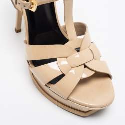 Pre Owned Saint Laurent Beige Patent Leather Tribute Sandals Size 39