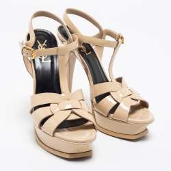 Pre Owned Saint Laurent Beige Patent Leather Tribute Sandals Size 39