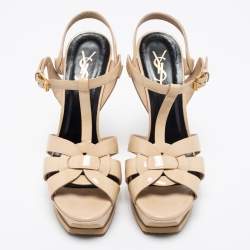 Pre Owned Saint Laurent Beige Patent Leather Tribute Sandals Size 39