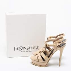 Pre Owned Saint Laurent Beige Patent Leather Tribute Sandals Size 39
