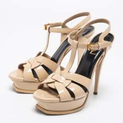 Pre Owned Saint Laurent Beige Patent Leather Tribute Sandals Size 39