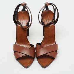 Pre Owned Saint Laurent Brown Leather Papaya Block Heel Ankle Strap Sandals Size 40