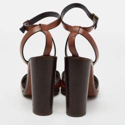 Pre Owned Saint Laurent Brown Leather Papaya Block Heel Ankle Strap Sandals Size 40