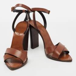 Pre Owned Saint Laurent Brown Leather Papaya Block Heel Ankle Strap Sandals Size 40