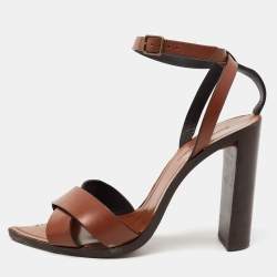 Pre Owned Saint Laurent Brown Leather Papaya Block Heel Ankle Strap Sandals Size 40