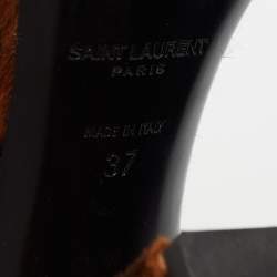 Pre Owned صندل سان لوران شعر حصان طباعة فهد بني بحزام للكاحل كعب سميك مقاس 37