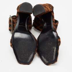 Pre Owned صندل سان لوران شعر حصان طباعة فهد بني بحزام للكاحل كعب سميك مقاس 37