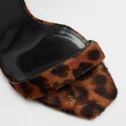 Pre Owned صندل سان لوران شعر حصان طباعة فهد بني بحزام للكاحل كعب سميك مقاس 37