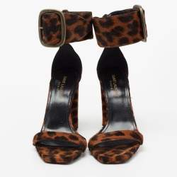 Pre Owned صندل سان لوران شعر حصان طباعة فهد بني بحزام للكاحل كعب سميك مقاس 37