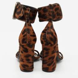 Pre Owned صندل سان لوران شعر حصان طباعة فهد بني بحزام للكاحل كعب سميك مقاس 37