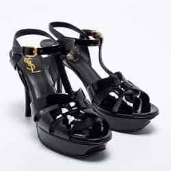 مملوكة مسبقًا صندل سان لوران تربيوت جلد أسود لامع نعل سميك مقاس 39