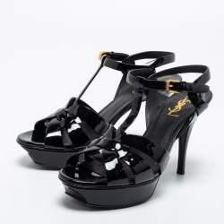 مملوكة مسبقًا صندل سان لوران تربيوت جلد أسود لامع نعل سميك مقاس 39