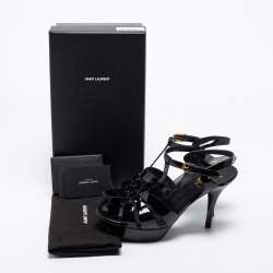 مملوكة مسبقًا صندل سان لوران تربيوت جلد أسود لامع نعل سميك مقاس 39