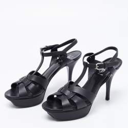 Pre Owned Saint Laurent Black Leather Tribute Sandals Size 38