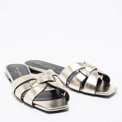 Pre Owned Saint Laurent Dull Gold Leather Tribute Flat Slides Size 36.5