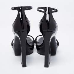 Pre Owned Saint Laurent Black Patent Leather Ankle-Strap Platform Sandals Size 37