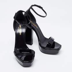Pre Owned Saint Laurent Black Patent Leather Ankle-Strap Platform Sandals Size 37