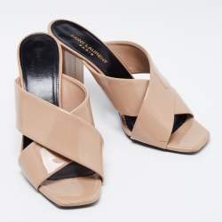 Pre Owned Saint Laurent Beige Patent Leather Lou Lou Mules Size 39