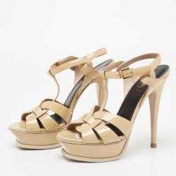 Pre Owned Saint Laurent Beige Patent Leather Tribute Platform Sandals Size 37