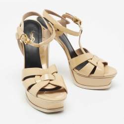 Pre Owned Saint Laurent Beige Patent Leather Tribute Platform Sandals Size 37