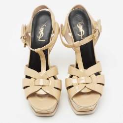 Pre Owned Saint Laurent Beige Patent Leather Tribute Platform Sandals Size 37
