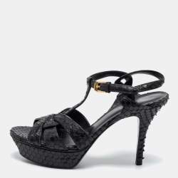 Saint Laurent Black Python Embossed Leather Tribute  Platform  Sandals Size 38