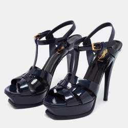 Pre Owned صندل سان لوران تريبوت جلد أسود لامع نعل سميك مقاس 37.5