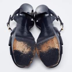 Pre Owned صندل سان لوران تريبوت جلد أسود لامع نعل سميك مقاس 37.5