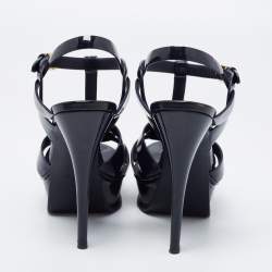 Pre Owned صندل سان لوران تريبوت جلد أسود لامع نعل سميك مقاس 37.5