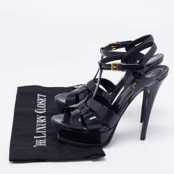 Pre Owned صندل سان لوران تريبوت جلد أسود لامع نعل سميك مقاس 37.5