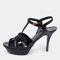 Pre Owned Saint Laurent Black Patent Leather Tribute Platform Ankle Strap Sandals Size 38