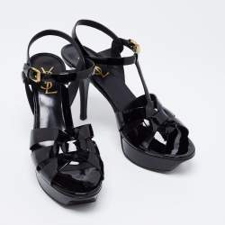 Pre Owned Saint Laurent Black Patent Leather Tribute Platform Ankle Strap Sandals Size 38
