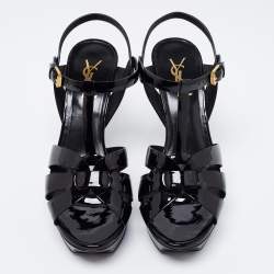 Pre Owned Saint Laurent Black Patent Leather Tribute Platform Ankle Strap Sandals Size 38