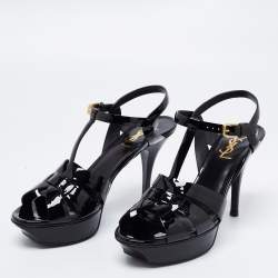 Pre Owned Saint Laurent Black Patent Leather Tribute Platform Ankle Strap Sandals Size 38