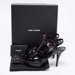 Pre Owned Saint Laurent Black Patent Leather Tribute Platform Ankle Strap Sandals Size 38