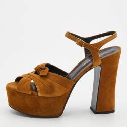 Saint Laurent Brown Suede Ankle Strap Platform Sandals Size 38