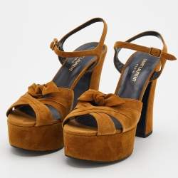 Saint Laurent Brown Suede Ankle Strap Platform Sandals Size 38